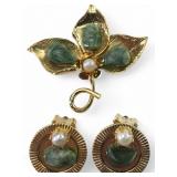 Jade and Pearl Floral Brooch and Earring Set