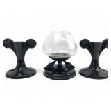 Fostoria Ebony Black Glass Candle Holders & Center