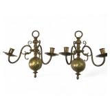 Pr. Dutch Style Brass Double Armed Wall Sconces