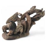 Hand-Carved Wood Figural Group with Lions and Eagl