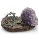 Pewter Elk and Amethyst Geode on Burl Wood Base