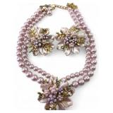 Vintage Pink Faux Pearl and Floral Jewelry Set