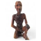 Signed Hand Carved Wood Seated Figure, 10" tall