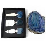 Blue Agate and Silver Tone Cheese Plate and Knife