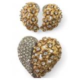 Gold-Tone and Rhinestone Heart Brooch and Earring