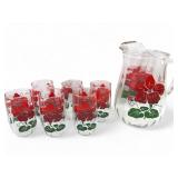 VTG Anchor Hocking Red Hibiscus Pitcher and Glasse