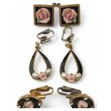 Pr. Vintage Style Porcelain Rose Clip-On Earrings