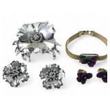 Vintage Silver-Tone and Purple Floral Jewelry Set