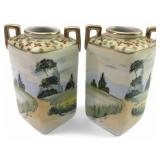 Nippon Hand-Painted Landscape Porcelain Vases, Pr.