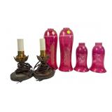 Pair of Cranberry Glass Hurricane Lamps