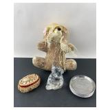 Assorted Collectibles with Lace Bear and Shell Box