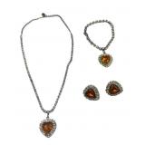 Coro Silver Tone Heart Jewelry Set with Amber Rhin
