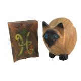 Hand-Painted Wooden Cat Figurine and Plaque