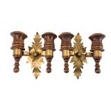 MCM Brass and Turned Wood Double Sconce Pair