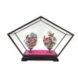 Pair of Hand-Painted Porcelain Eggs in Glass Case