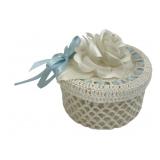 Crocheted Lace Trinket Box with Ribbon and Rose