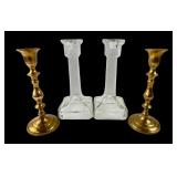 Pr. Brass and Pr. Pressed Glass Candlesticks