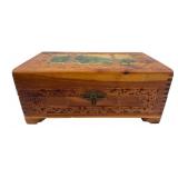 Vintage Carved Cedar Jewelry Box with Landscape