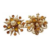 VTG Gold Tone Starburst Pins with Amber Rhinestone