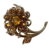 VTG Coro Gold Tone Floral Pin, Amber Rhinestones