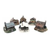 Group of 6 Hand-Painted Resin Cabin Figurines
