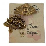 Jonette Jewelry Gilt Metal Fan Brooches, Set of 2