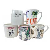 Assorted Cat Themed Ceramic and Porcelain Mugs