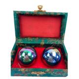 Pair of Iridescent Chrome Baoding Balls in Case