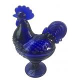 Cobalt Blue Pressed Glass Rooster Covered Dish
