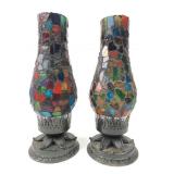 Pr. Mosaic Art Glass Hurricane Candle Holders