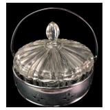 Pressed Glass Covered Dish in Silverplate Caddy