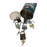 Assorted Vintage Padlocks with Keys and Can