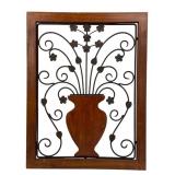 Wrought Iron and Wood Floral Vase Wall Art