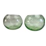 Pair of Green Art Glass Bowls with White Swirls