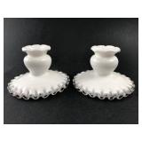 Fenton Style Milk Glass Silver Crest Candlesticks