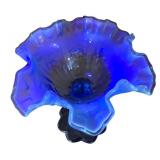 Blue Opalescent Glass Pedestal Compote