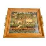 Folk Art Style Wood Serving Tray with Brass Handle