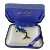 VTG Ariki 22K Gold Plate Dolphin Brooch, Paua Shel