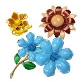 Three Vintage Enamel Flower Brooches