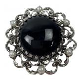 VTG Silvertone Filigree Brooch with Black Stone