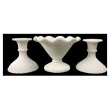 Fenton Style Milk Glass Compote and Candle Holders