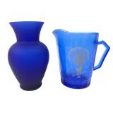 Shirley Temple Cobalt Blue Glass Pitcher and Vase