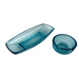 MCM Blue Art Glass Tray and Ashtray Set