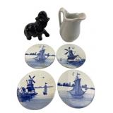 Delft Style Ceramic Coasters, Pitcher, and Elephan