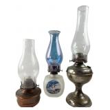 Group of 3 Assorted Metal and Glass Oil Lamps