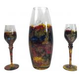 Hand-Painted Art Glass Vase and Stemware Set