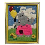 Framed Hippo with Balloons Yarn Art