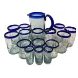 Mexican Hand-Blown Cobalt Blue Rim Glassware Set