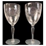 Pair of Etched Floral Crystal Wine Glasses