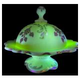 Hand-Painted Custard Glass Pedestal Butter Dish